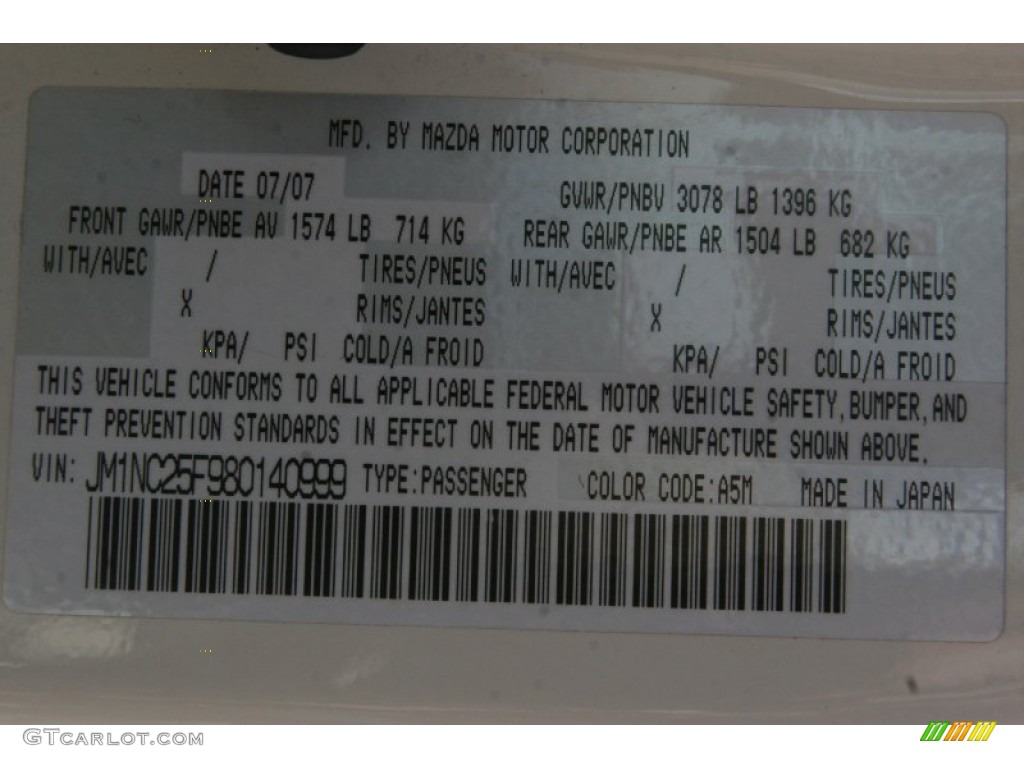 2008 MX-5 Miata Color Code A5M for Marble White Photo #50819565