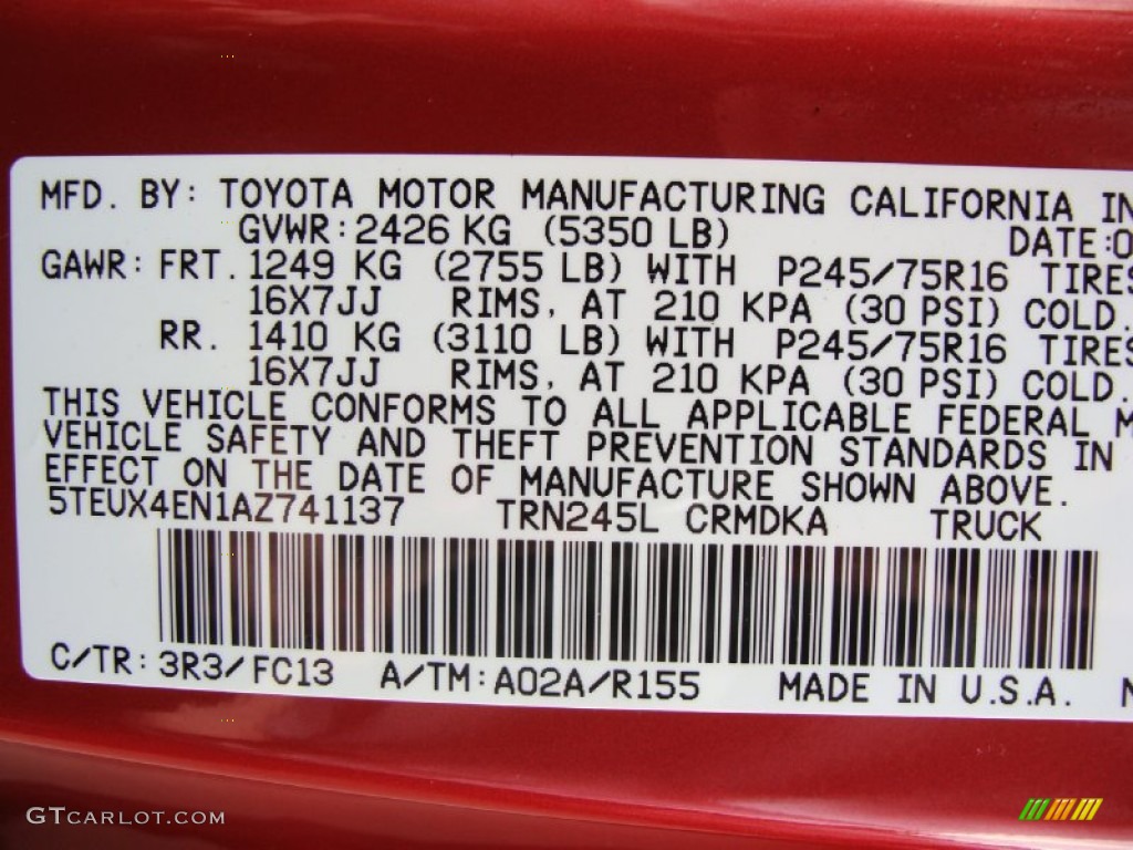 2010 Toyota Tacoma Access Cab 4x4 Color Code Photos