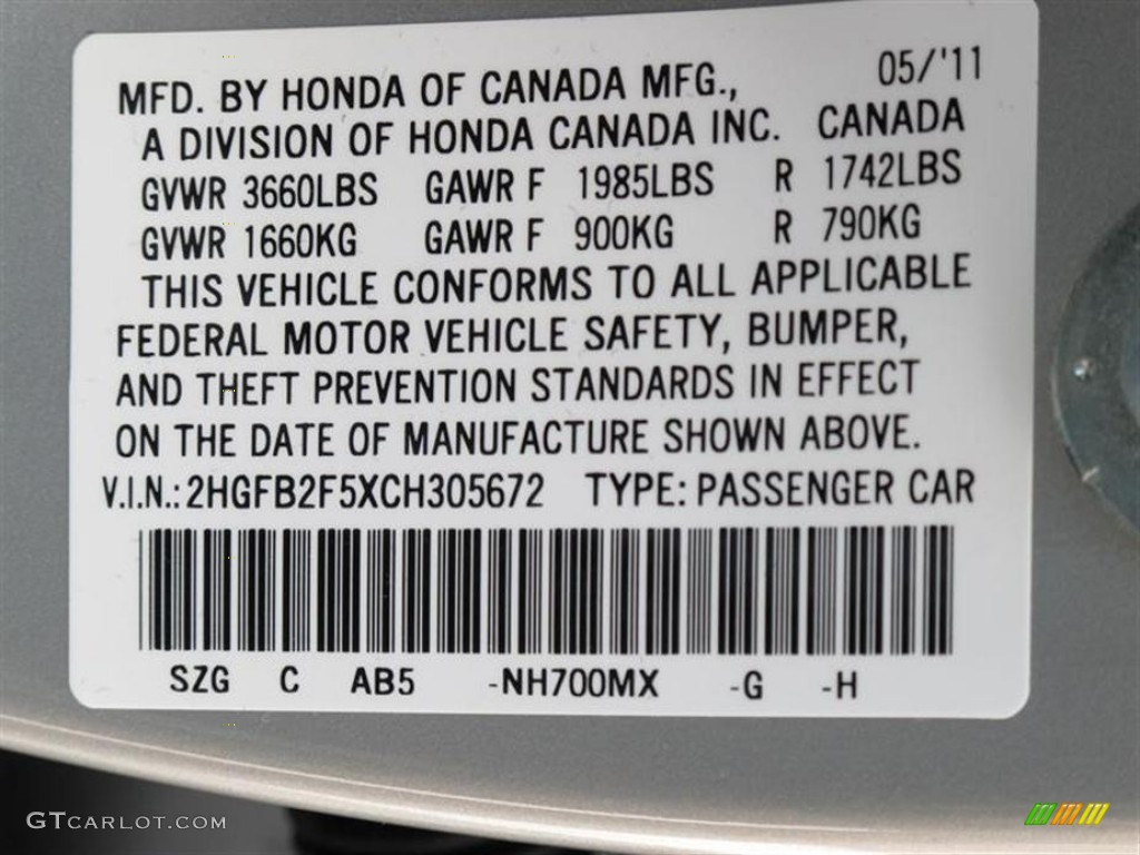2012 Civic Color Code NH700MX for Alabaster Silver Metallic Photo #50849055
