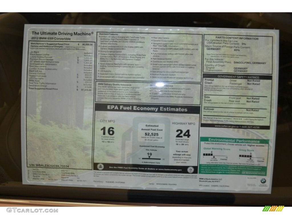 2012 BMW 6 Series 650i Convertible Window Sticker Photo #50855587