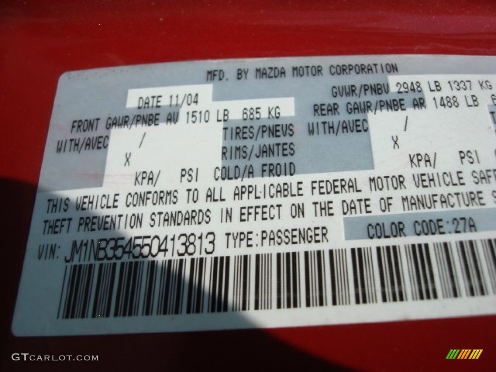 2005 Mazda MX-5 Miata MAZDASPEED Roadster Color Code Photos