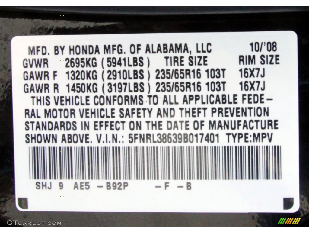 2009 Odyssey Color Code B92P for Nighthawk Black Pearl Photo #50873893