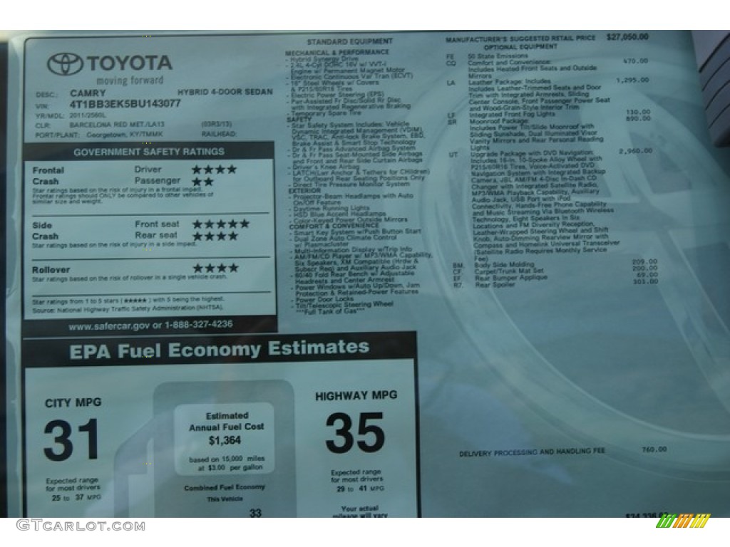 2011 Toyota Camry Hybrid Window Sticker Photo #50880721
