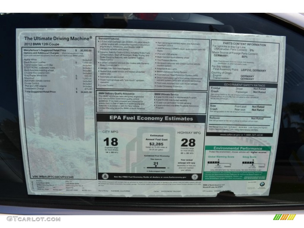 2012 BMW 1 Series 128i Coupe Window Sticker Photo #50884810