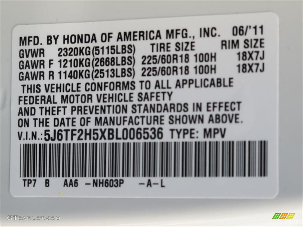 2011 Honda Accord Crosstour EX-L 4WD Color Code Photos