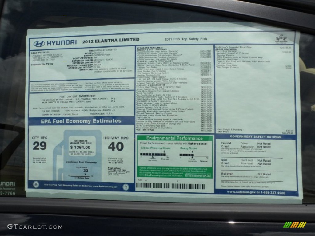 2012 Hyundai Elantra Limited Window Sticker Photo #50910535
