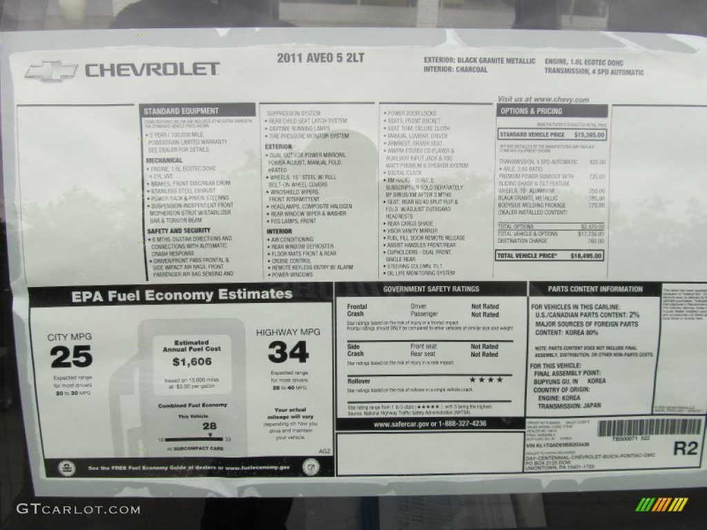 2011 Chevrolet Aveo Aveo5 LT Window Sticker Photo #50923233
