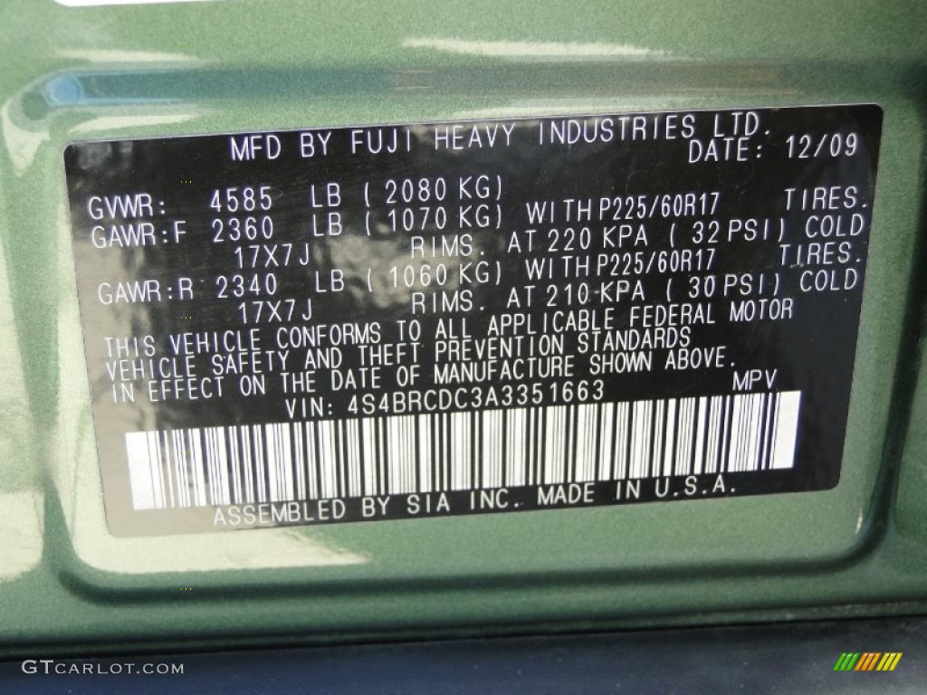 2010 Subaru Outback 2.5i Premium Wagon Info Tag Photo #50932644