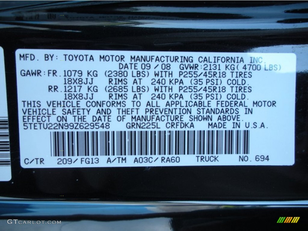 2009 Tacoma Color Code 209 for Black Sand Pearl Photo #50934285