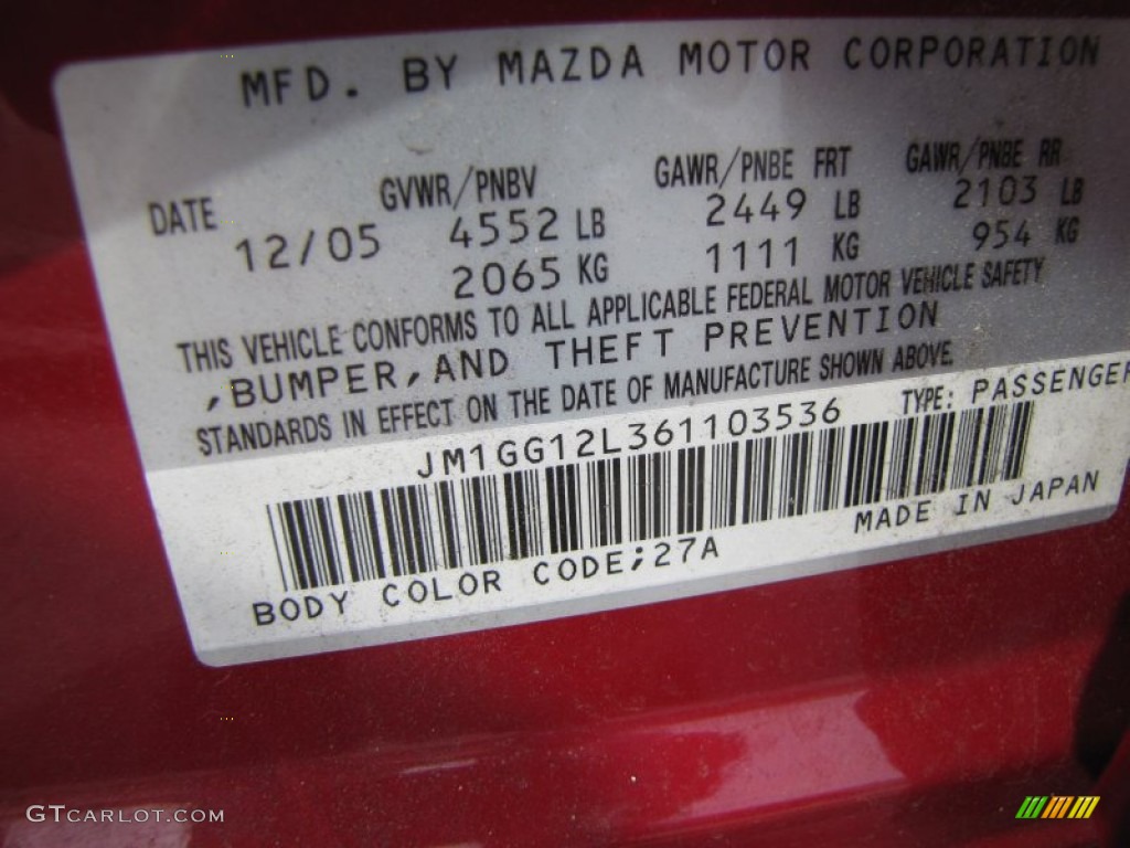 2006 MAZDA6 Color Code 27A for Velocity Red Mica Photo #50943516