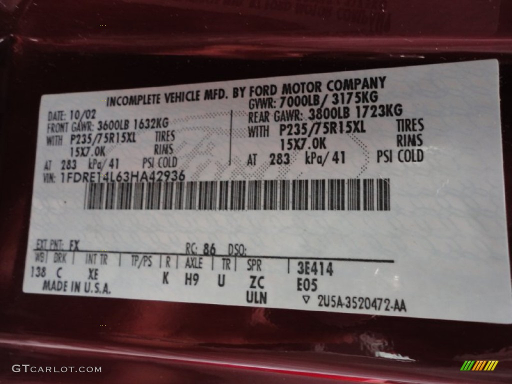 2003 Ford E Series Van E150 Passenger Conversion Color Code Photos