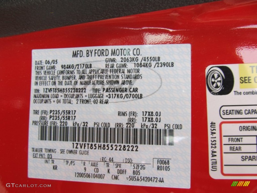 2005 Mustang Color Code D3 for Torch Red Photo #50999293