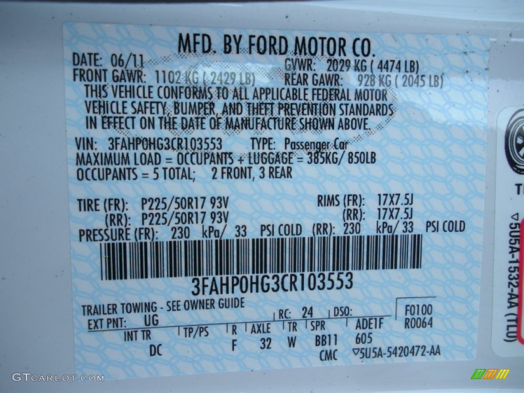 2012 Fusion Color Code UG for White Platinum Tri-Coat Photo #51008734