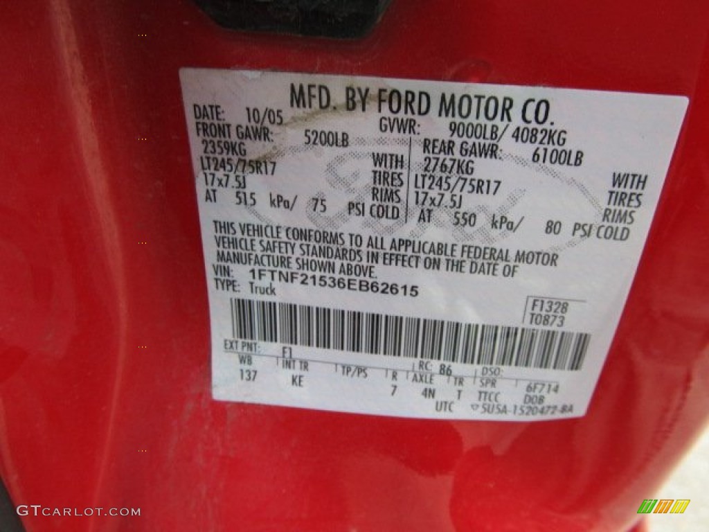 2006 F250 Super Duty Color Code F1 for Red Clearcoat Photo #51031324