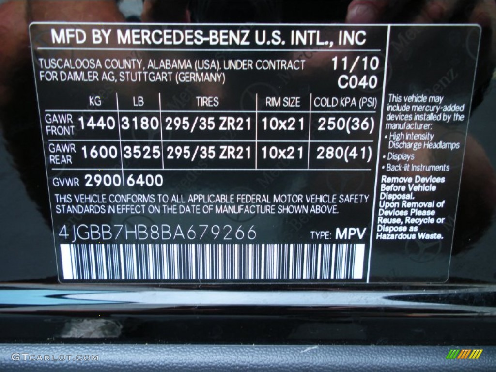 2011 Mercedes-Benz ML 63 AMG 4Matic Color Code Photos