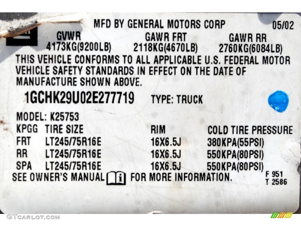 2002 Chevrolet Silverado 2500 LS Extended Cab 4x4 Info Tag Photo #51064244