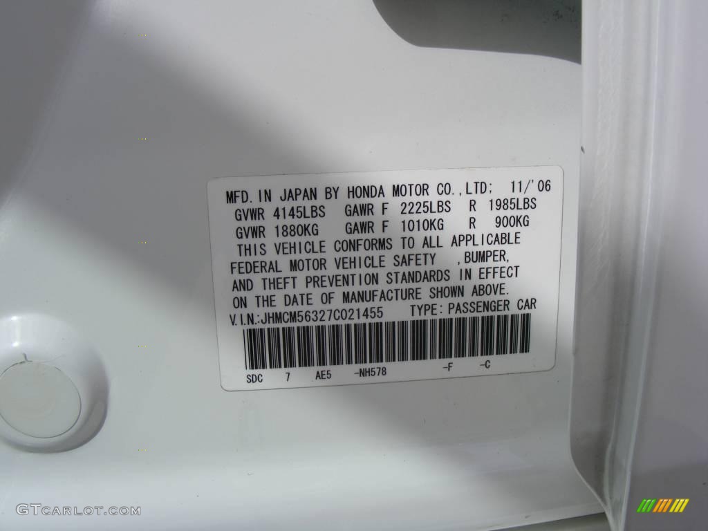 2007 Accord Color Code NH578 for Taffeta White Photo #5106583