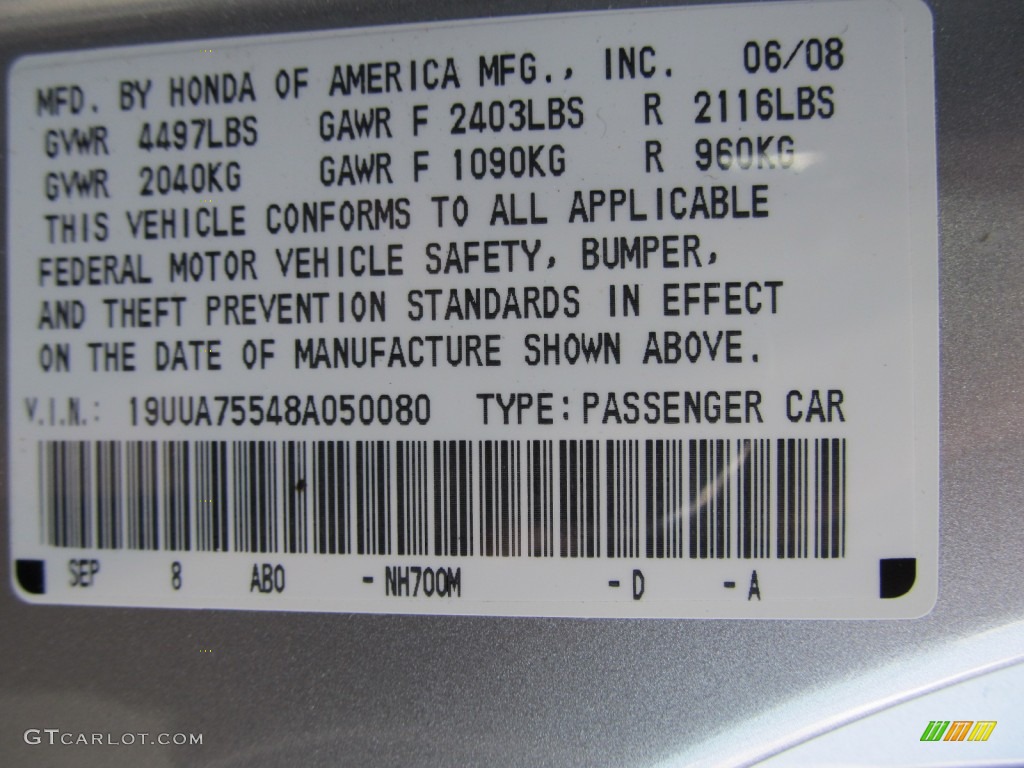 2008 TL Color Code NH700M for Alabaster Silver Metallic Photo #51073802