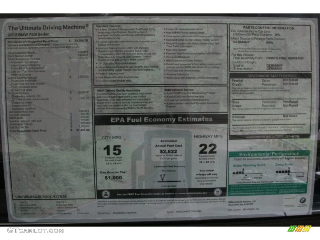 2012 BMW 7 Series 750i Sedan Window Sticker Photo #51078239