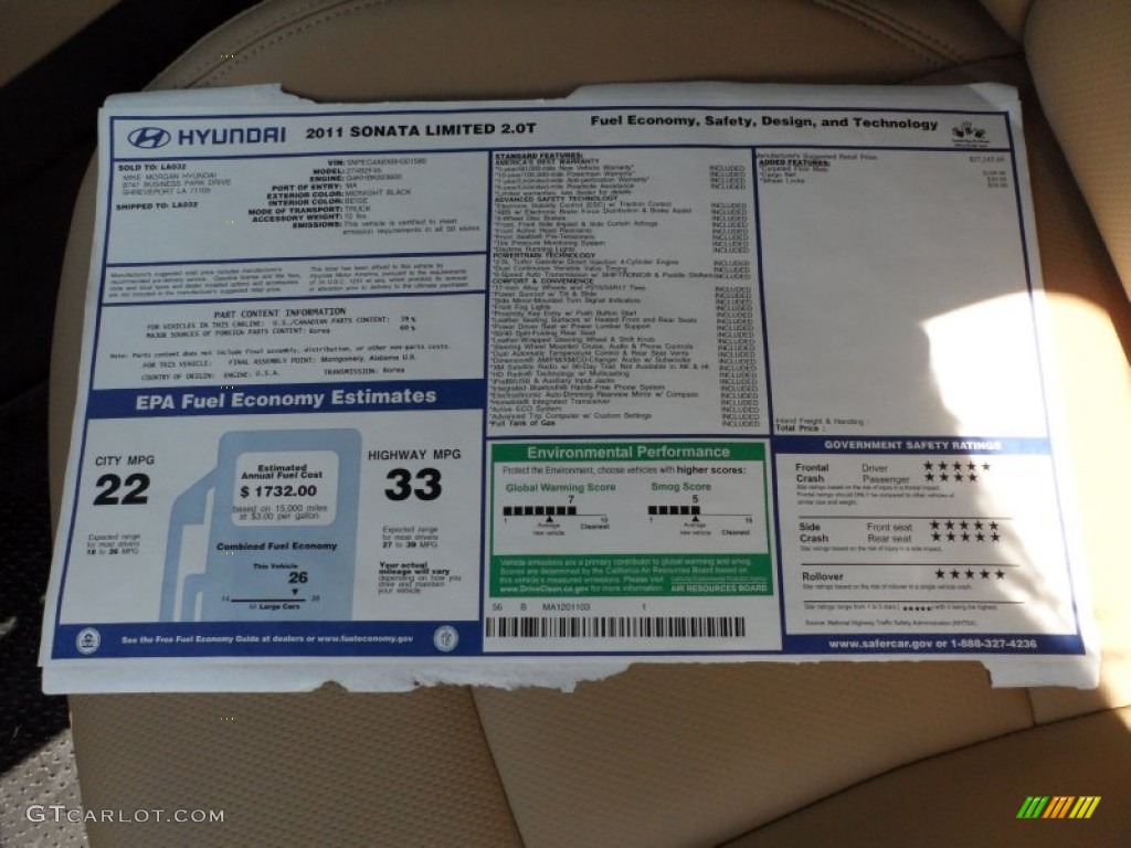 2011 Sonata Limited 2.0T - Midnight Black / Camel photo #41