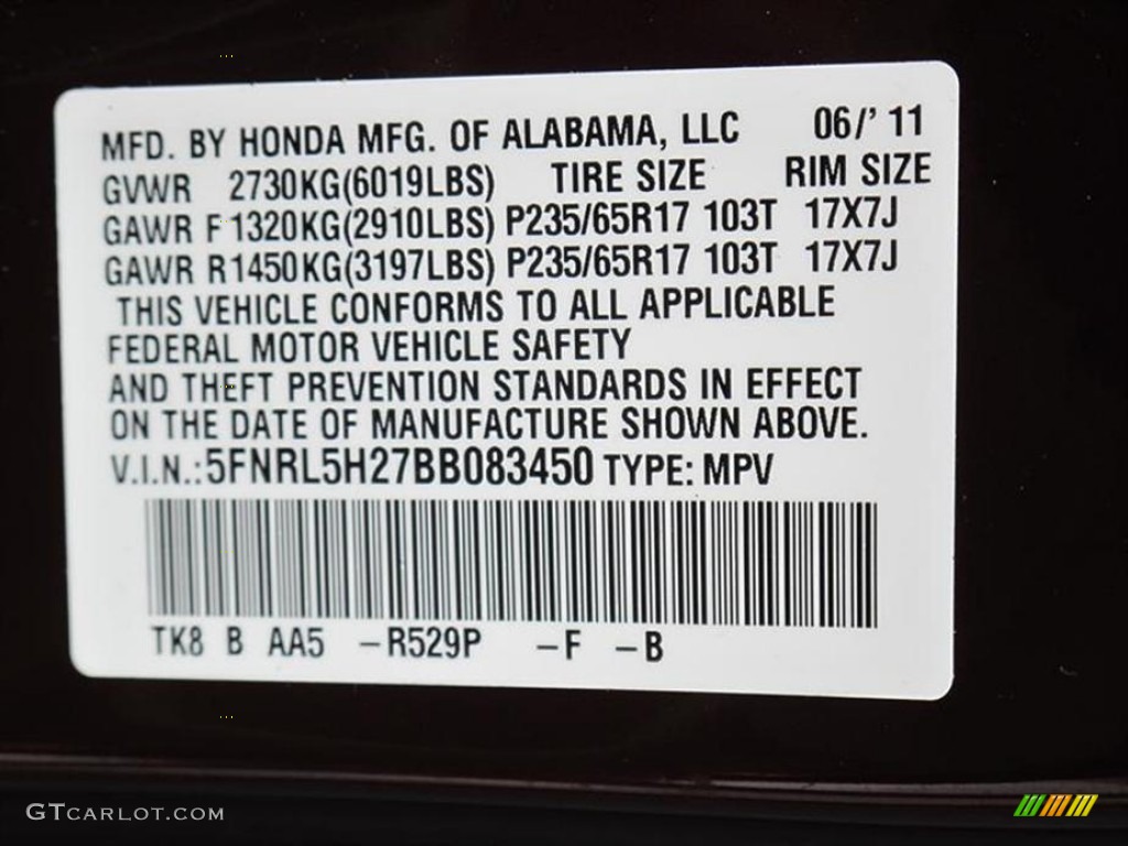 2011 Honda Odyssey LX Color Code Photos