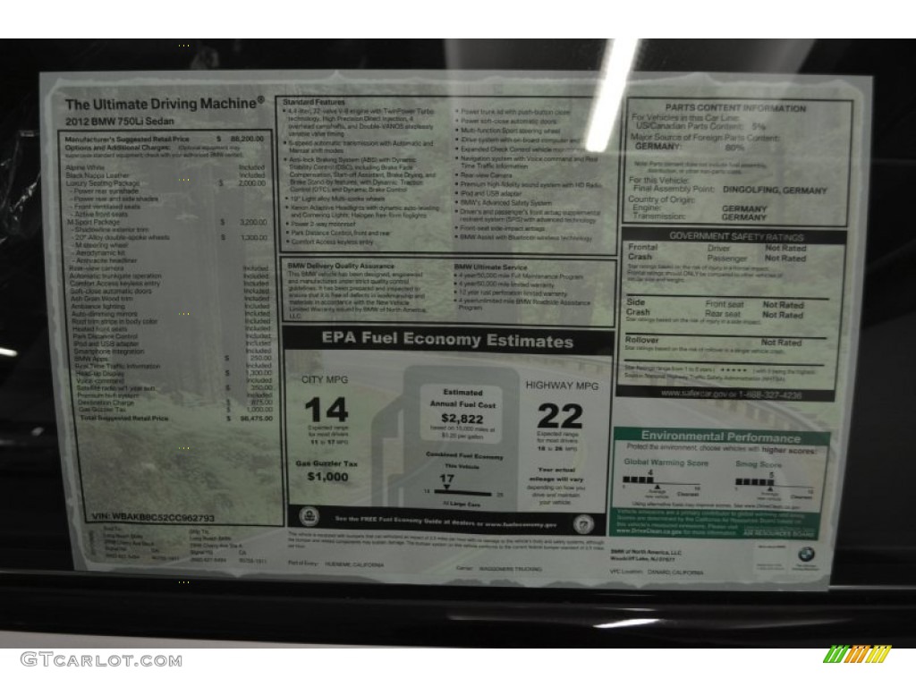 2012 BMW 7 Series 750Li Sedan Window Sticker Photo #51105281