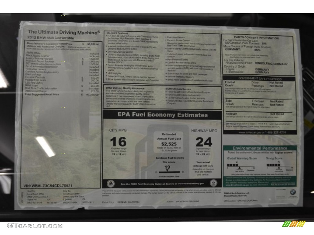 2012 BMW 6 Series 650i Convertible Window Sticker Photo #51105446
