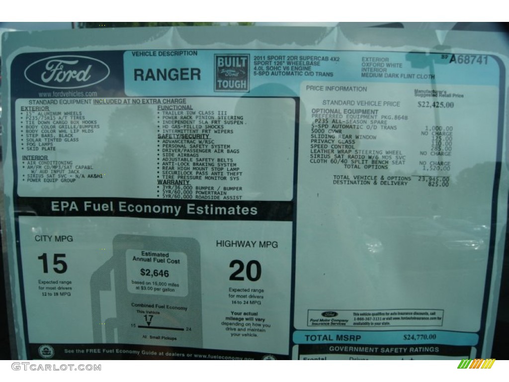 2011 Ford Ranger Sport SuperCab Window Sticker Photo #51117500