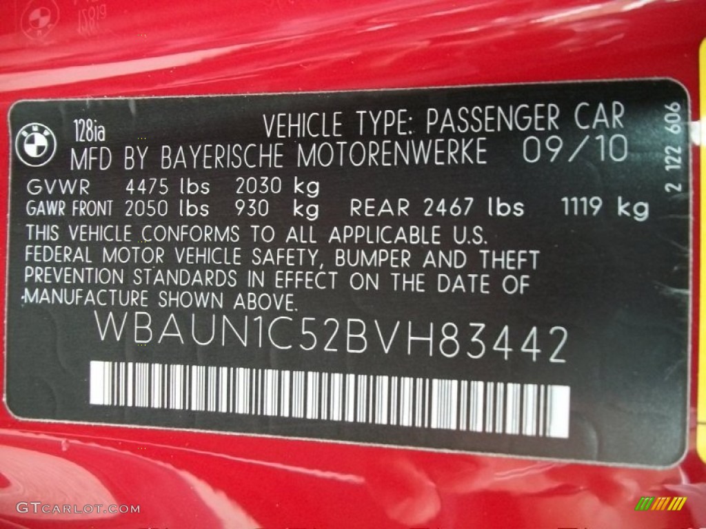 2011 BMW 1 Series 128i Convertible Info Tag Photo #51118643