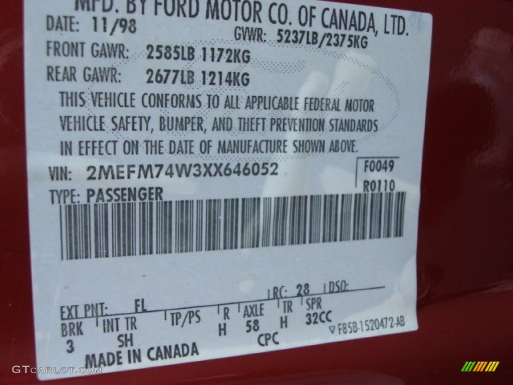 1999 Mercury Grand Marquis GS Color Code Photos