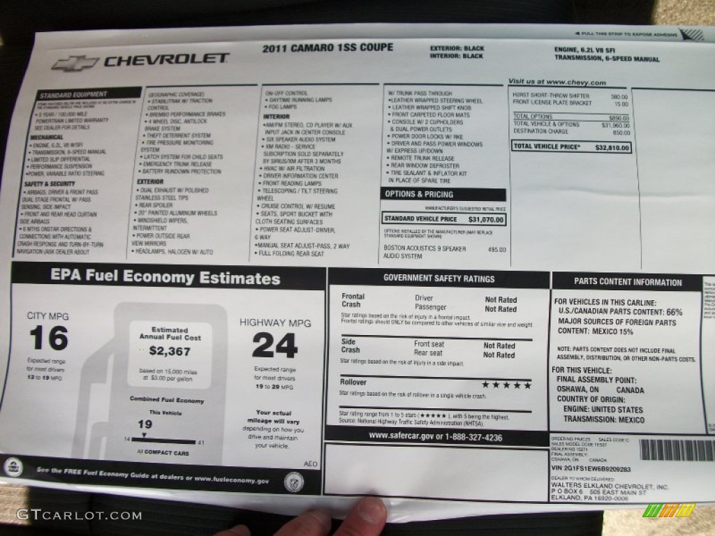 2011 Chevrolet Camaro SS Coupe Window Sticker Photo #51191137