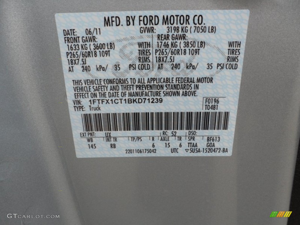 2011 F150 Color Code UX for Ingot Silver Metallic Photo #51215084