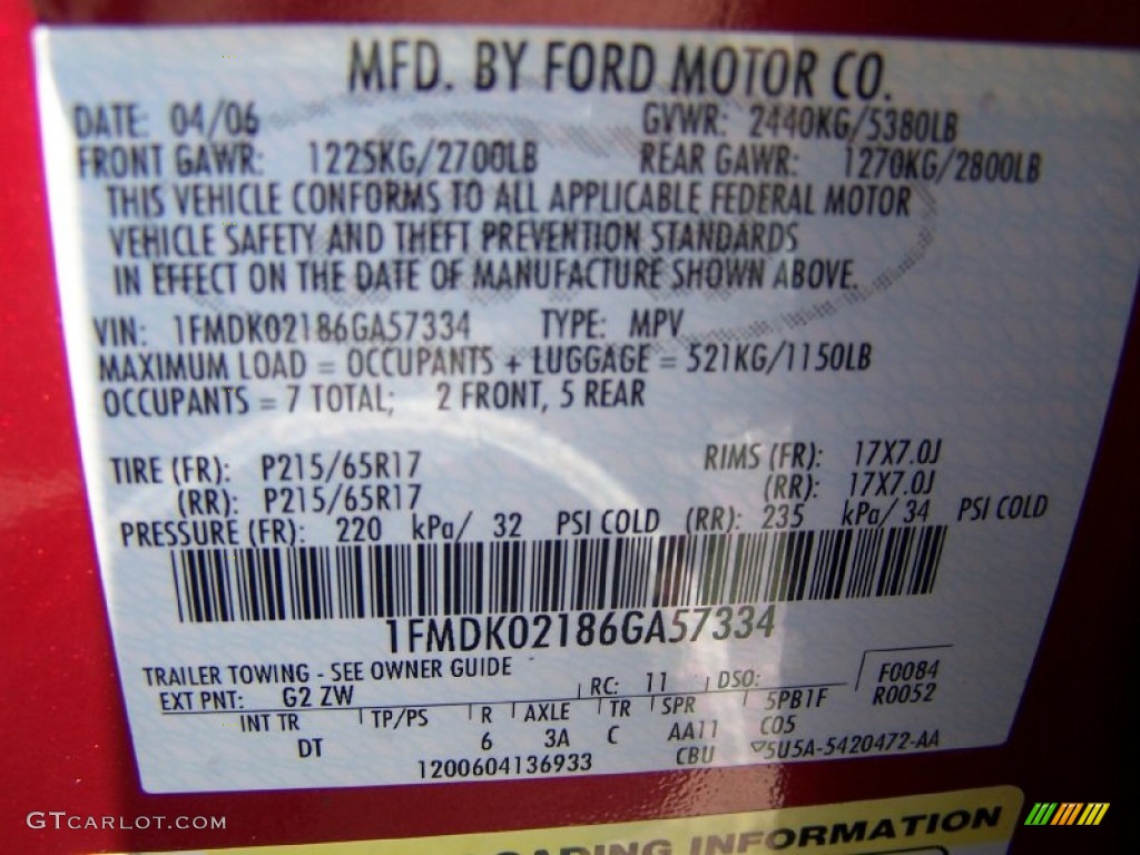 2006 Ford Freestyle SEL Color Code Photos