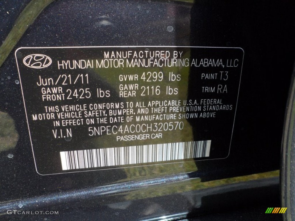 2012 Sonata Color Code T3 for Pacific Blue Pearl Photo #51217364