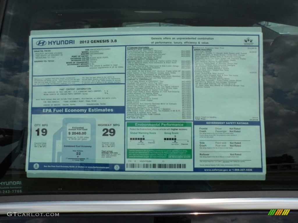 2012 Hyundai Genesis 3.8 Sedan Window Sticker Photo #51218537