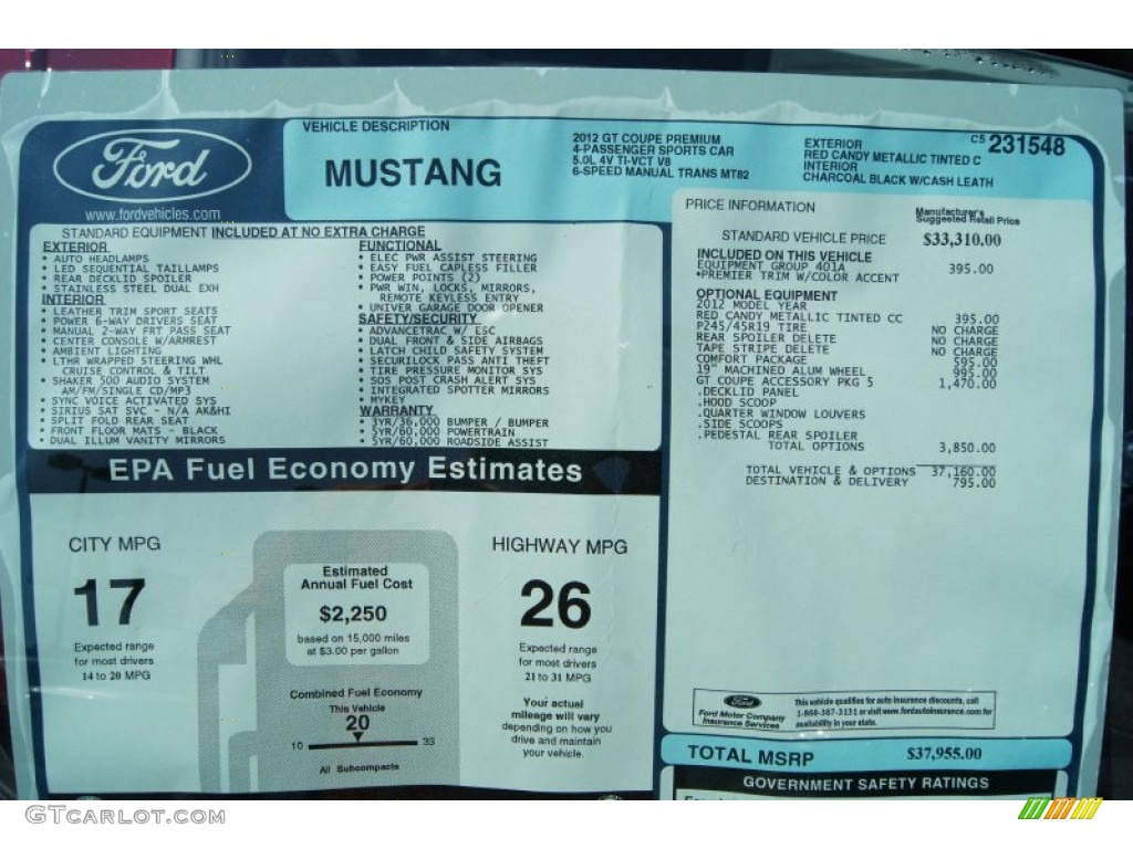 2012 Ford Mustang GT Premium Coupe Window Sticker Photo #51225866