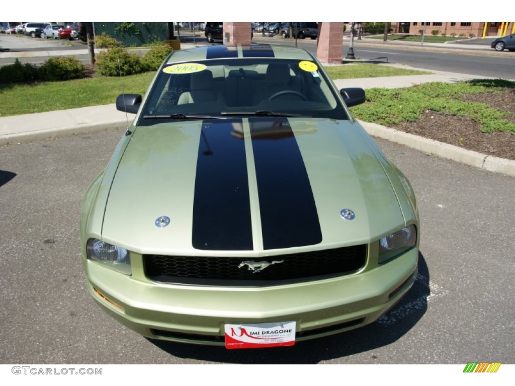 2005 Mustang V6 Premium Coupe - Legend Lime Metallic / Medium Parchment photo #2