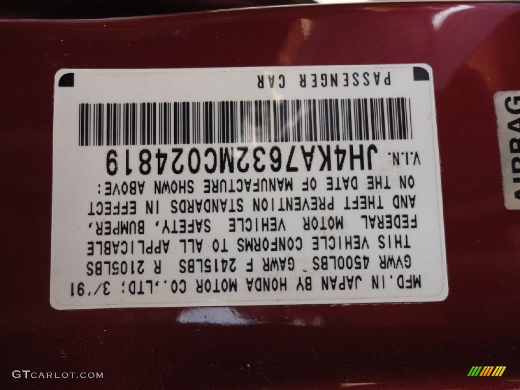 1991 Acura Legend Sedan Info Tag Photo #51234245