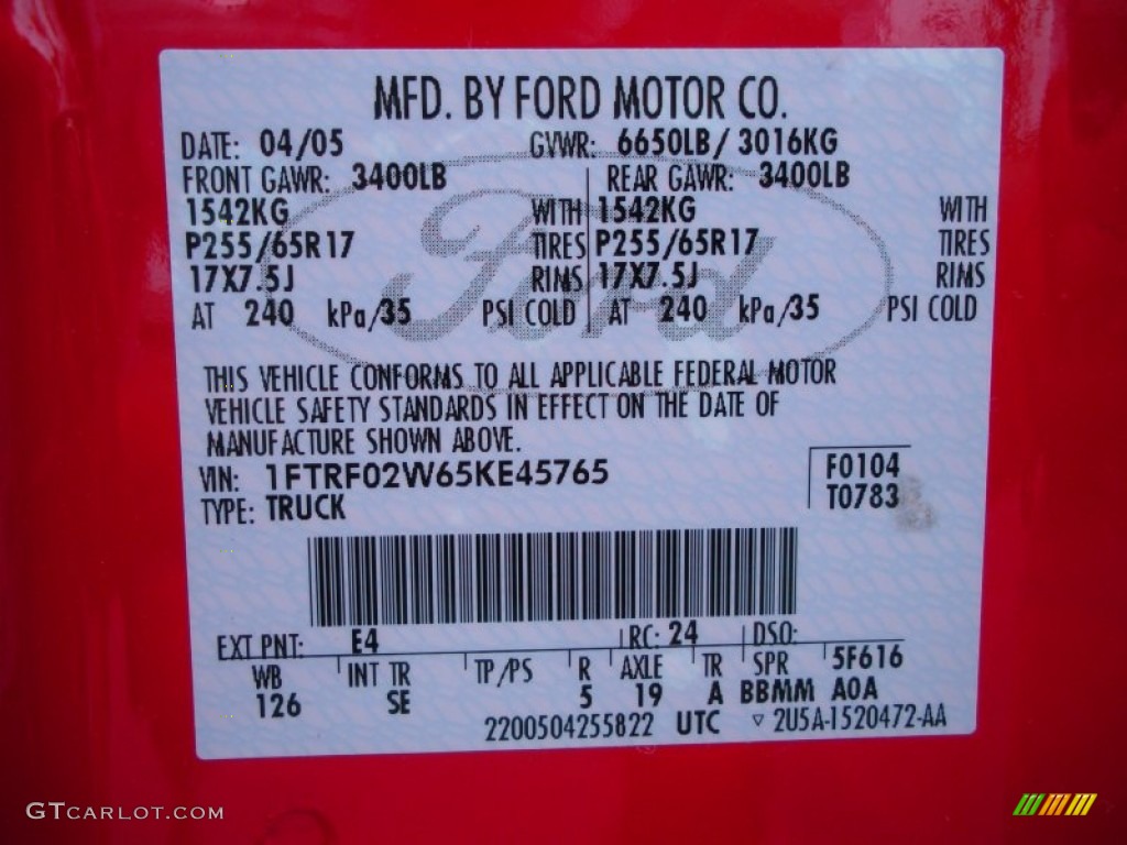 2005 F150 Color Code E4 for Bright Red Photo #51257900