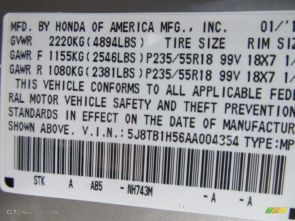 2010 RDX Color Code NH743M for Palladium Silver Metallic Photo #51268580