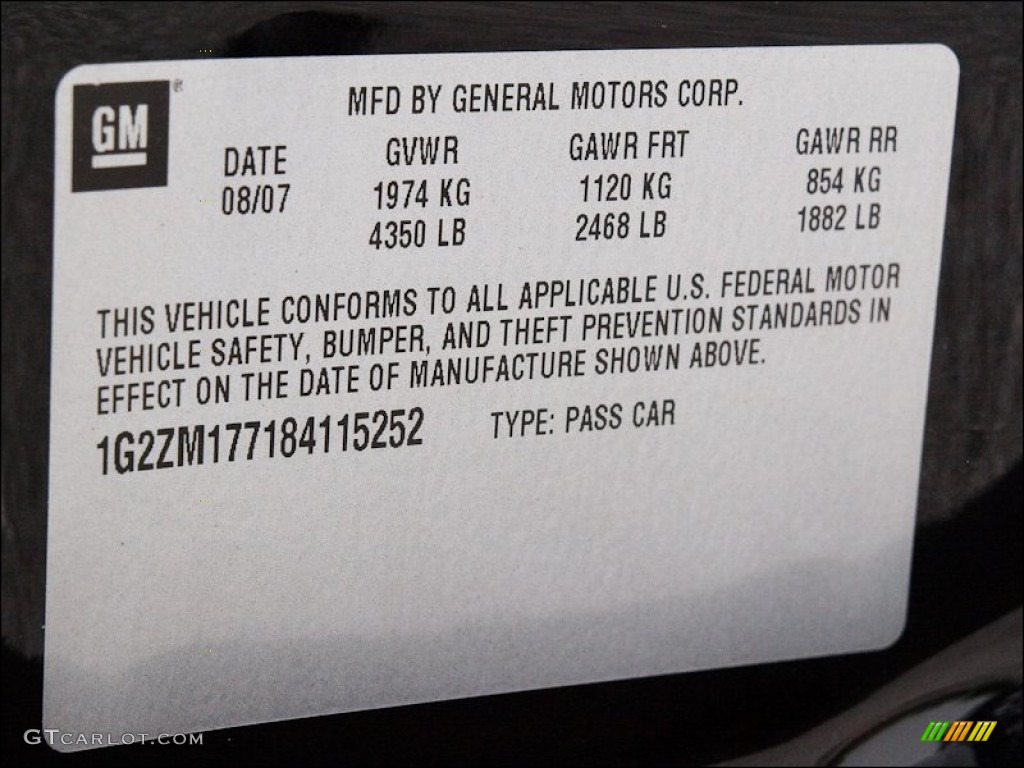 2008 Pontiac G6 GXP Coupe Info Tag Photo #51281812