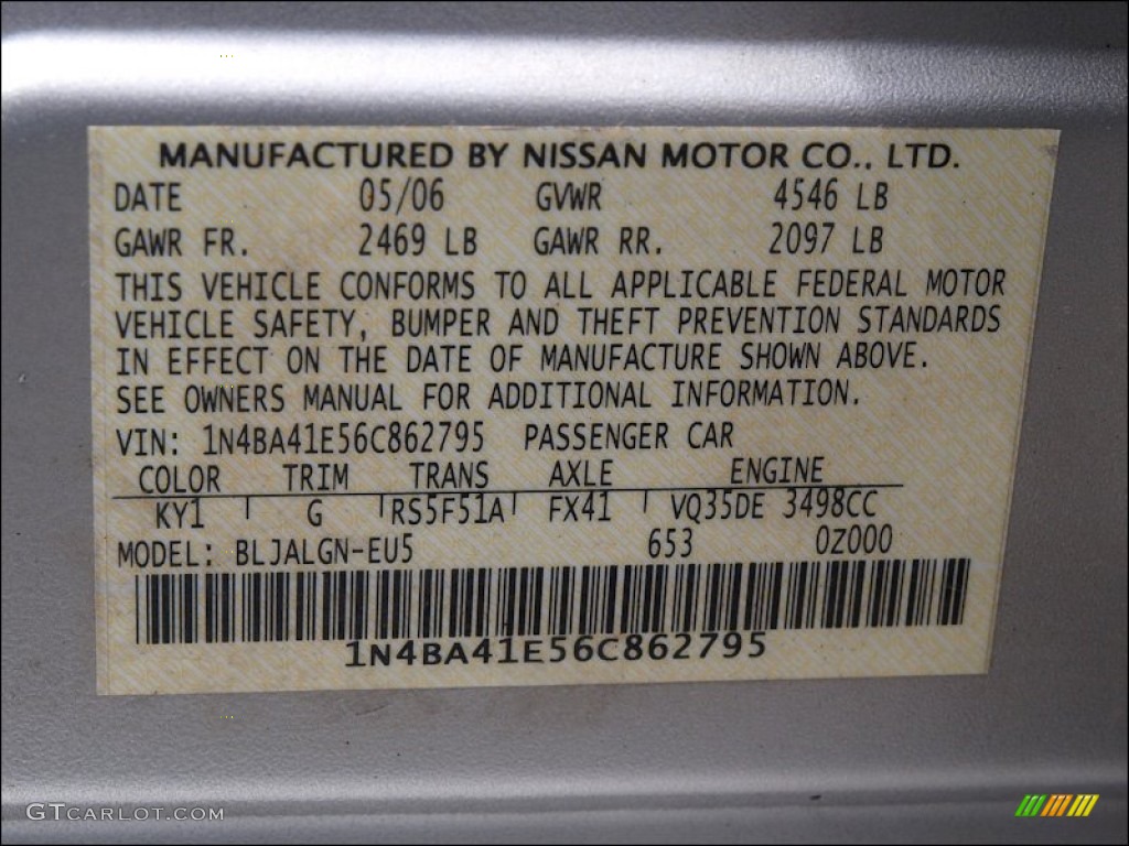 2006 Maxima Color Code KY1 for Liquid Silver Metallic Photo #51283477