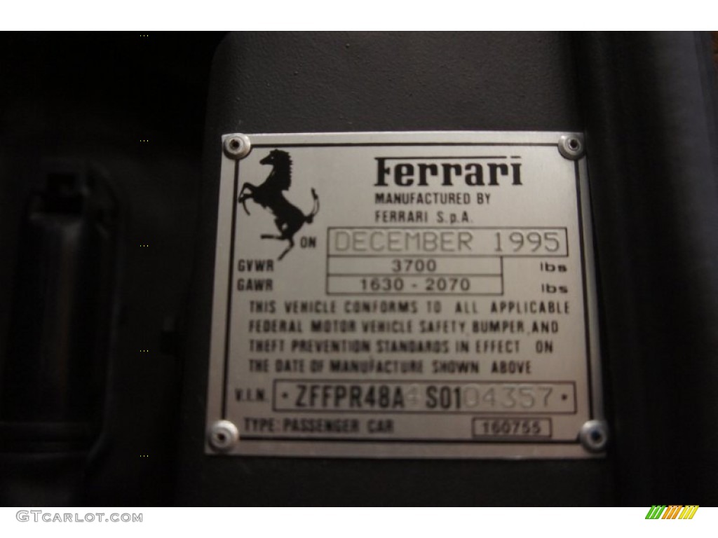 1995 Ferrari F355 Spider Info Tag Photo #51300275