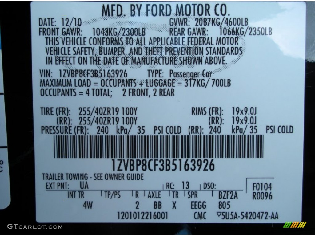 2011 Mustang Color Code UA for Ebony Black Photo #51313102