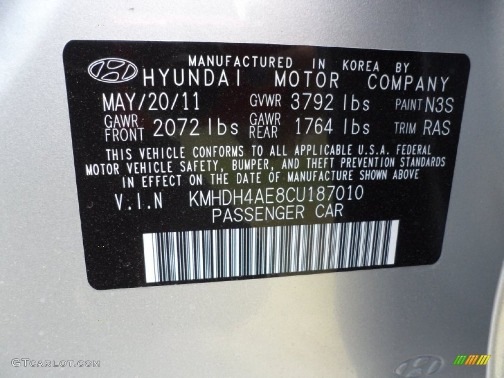 2012 Elantra Color Code N3S for Shimmering Silver Photo #51324346