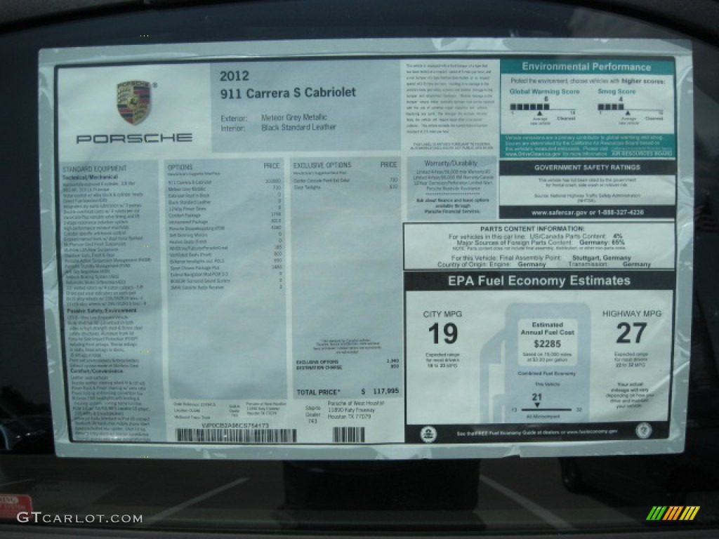 2012 Porsche 911 Carrera S Cabriolet Window Sticker Photo #51347948