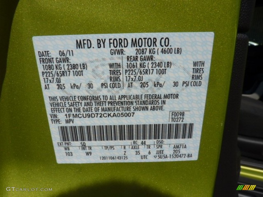 2012 Escape Color Code SQ for Lime Squeeze Metallic Photo #51368333