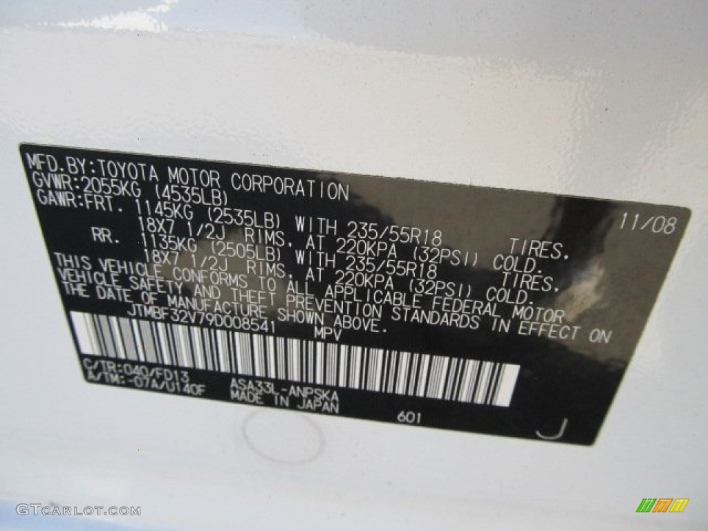 2009 RAV4 Color Code 040 for Super White Photo #51370853