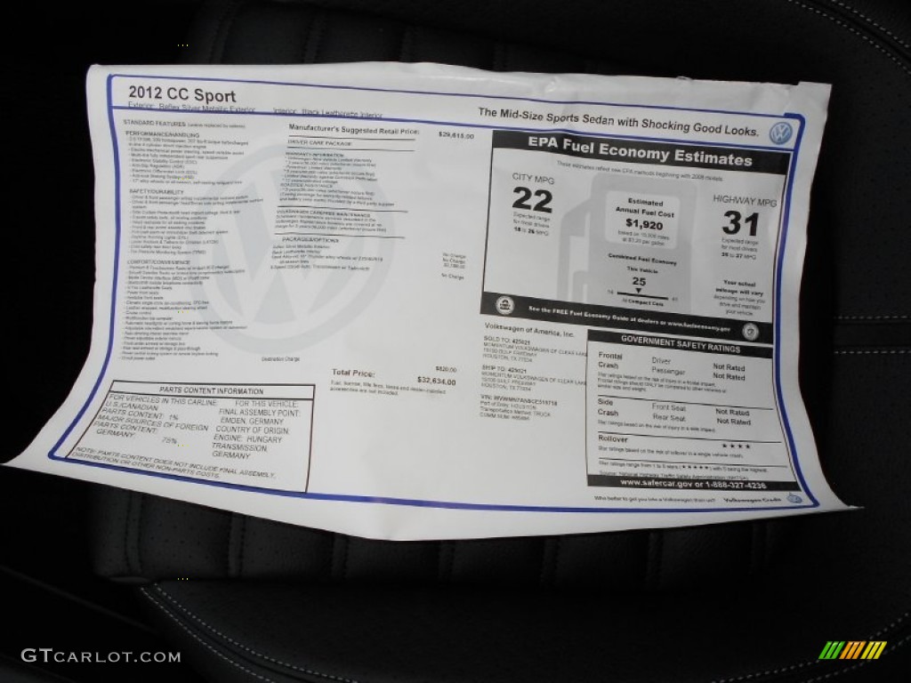 2012 Volkswagen CC Sport Window Sticker Photo #51405348