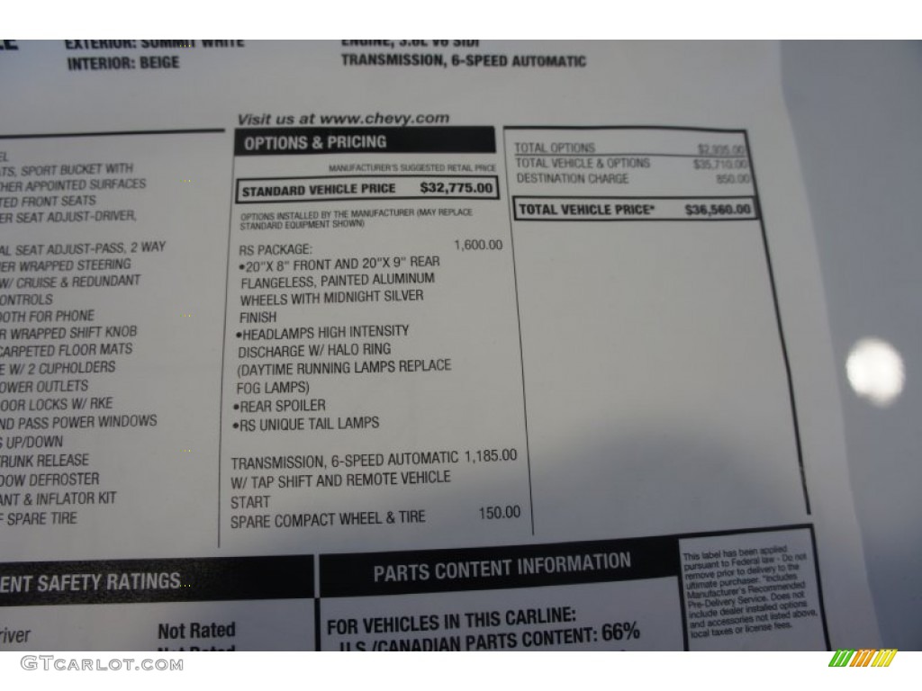 2011 Chevrolet Camaro LT/RS Convertible Window Sticker Photo #51421330